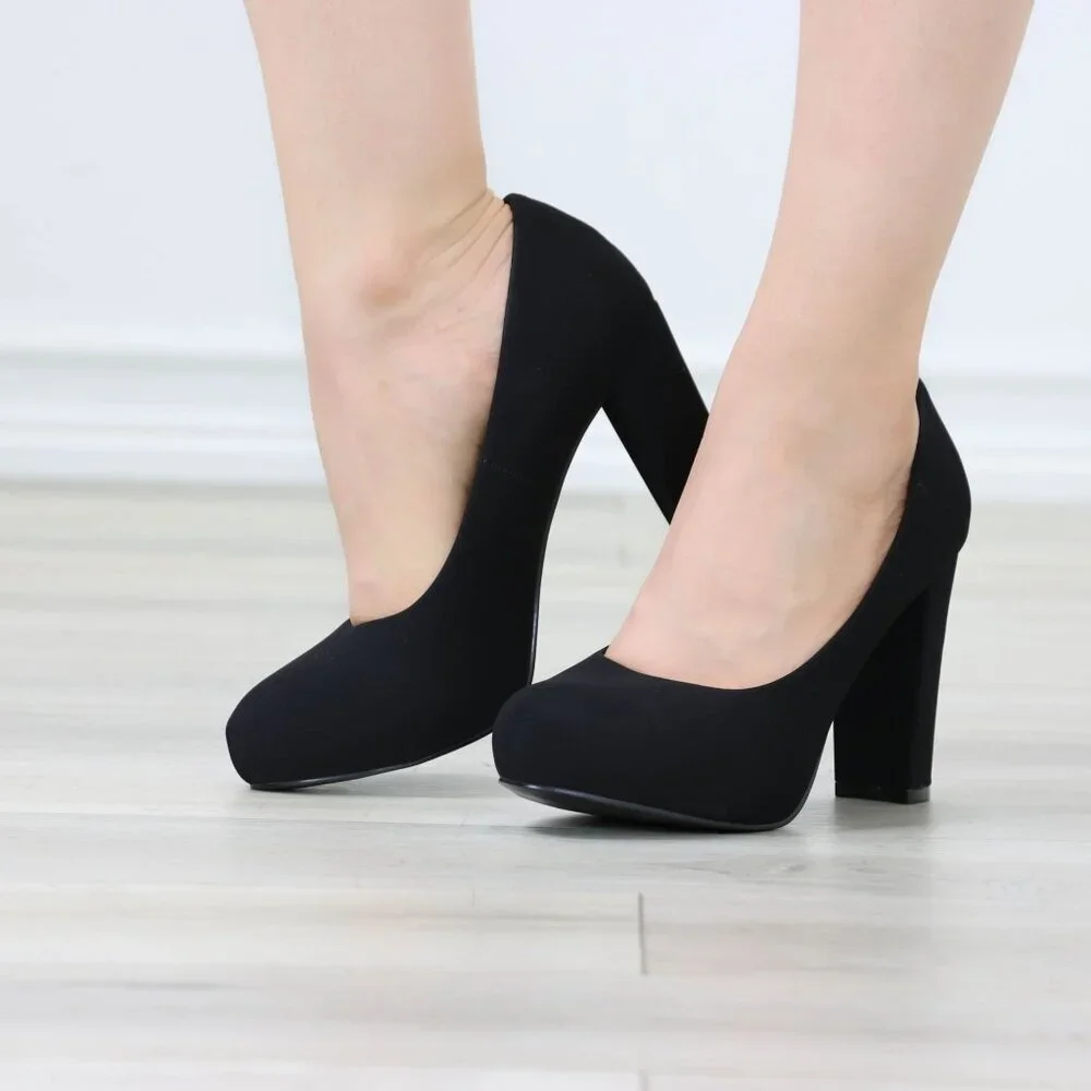 Black Block Heel Pumps Closed Toe Slip On High Heel Classic Style - Picture 4 of 12